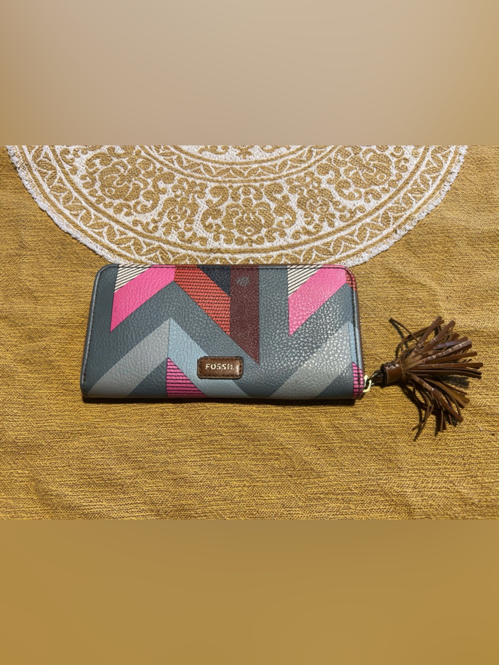 Fossil Chevron Zip Wallet in Gray with Pink and Brown Accents